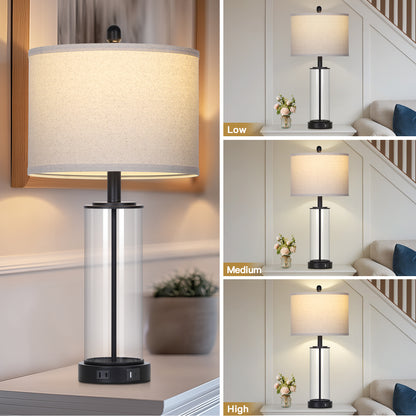 Modern Table Lamp with USB-C & USB-A Ports, Touch Control, and Included Dimmable LED Bulb(Set of 2)