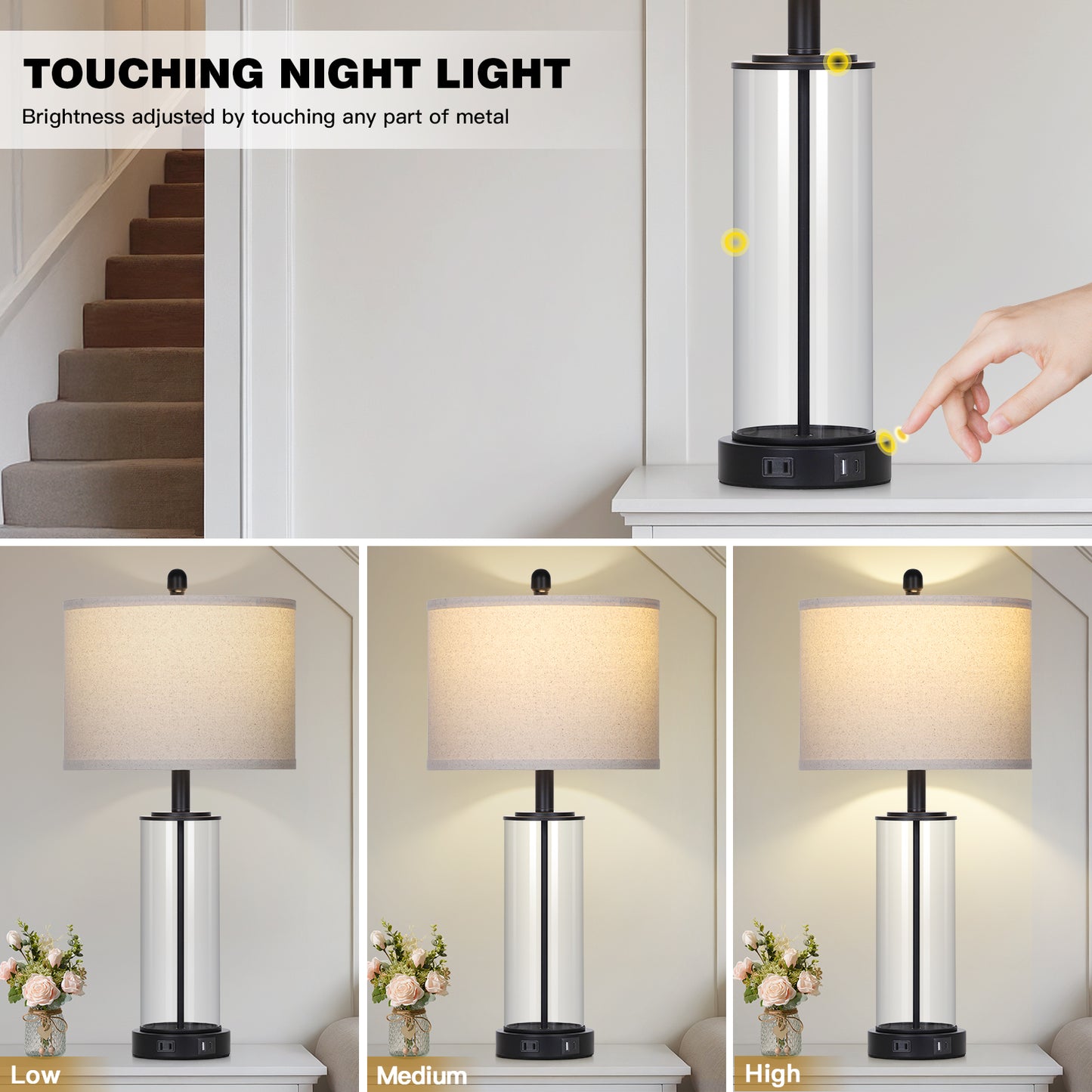 Modern Table Lamp with USB-C & USB-A Ports, Touch Control, and Included Dimmable LED Bulb(Set of 2)