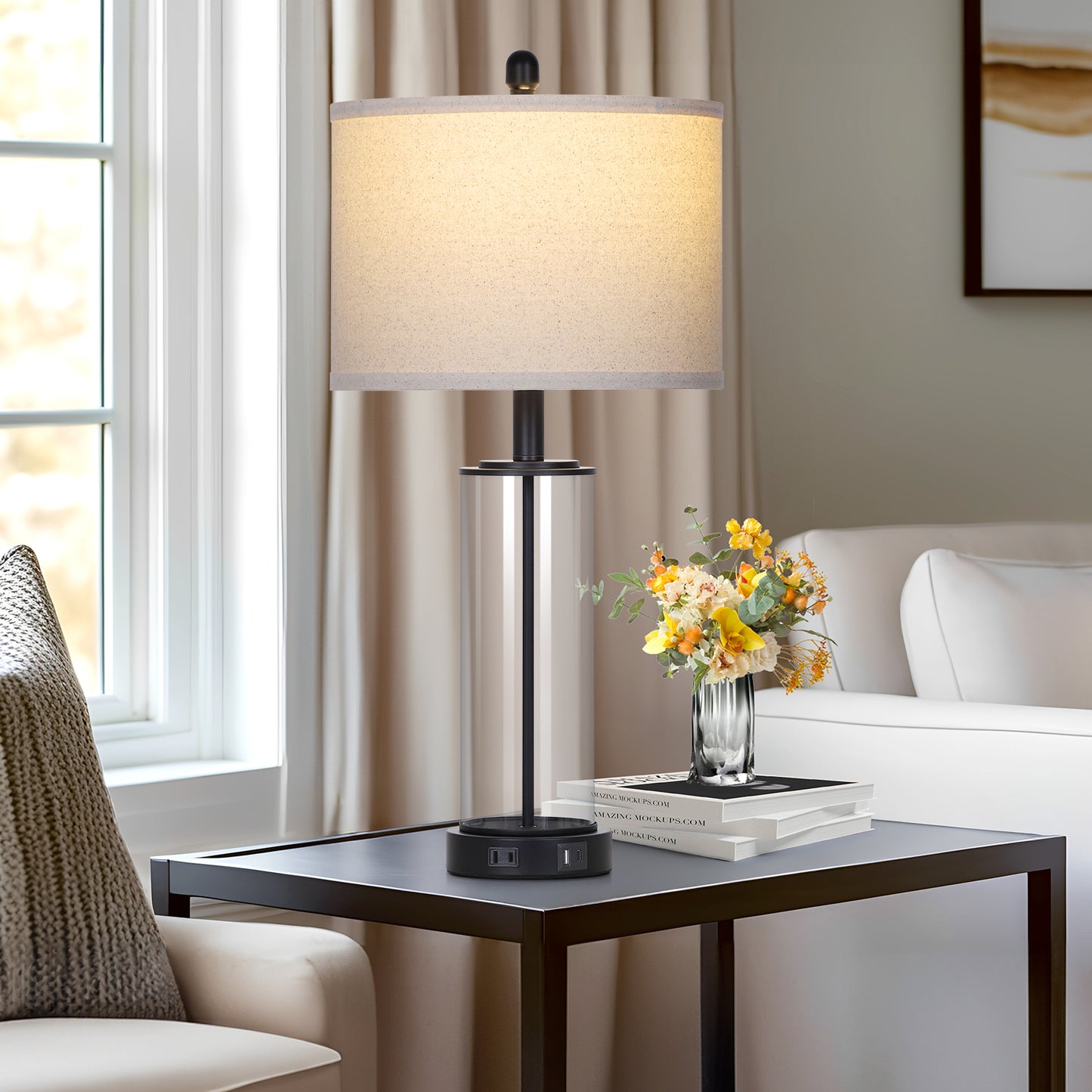 Modern Table Lamp with USB-C & USB-A Ports, Touch Control, and Included Dimmable LED Bulb(Set of 2)