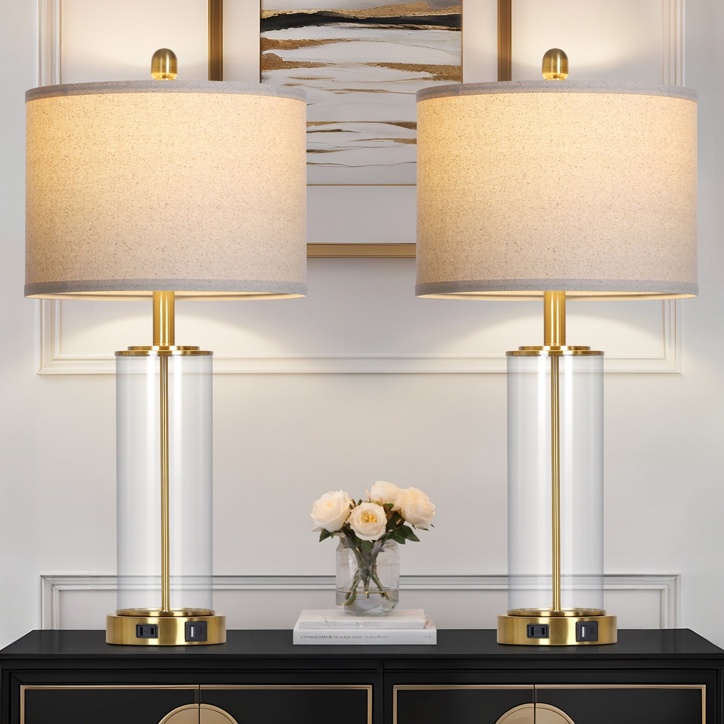 Modern Touch Table Lamp Pair with USB/Type-C Charging, Linen Shade & Gold Accents – 26” Height, 3000K LED Bulb Included (Set of 2)
