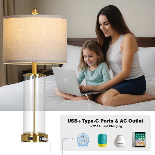 Modern Touch Table Lamp Pair with USB/Type-C Charging, Linen Shade & Gold Accents – 26” Height, 3000K LED Bulb Included (Set of 2)