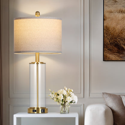 Modern Touch Table Lamp Pair with USB/Type-C Charging, Linen Shade & Gold Accents – 26” Height, 3000K LED Bulb Included (Set of 2)