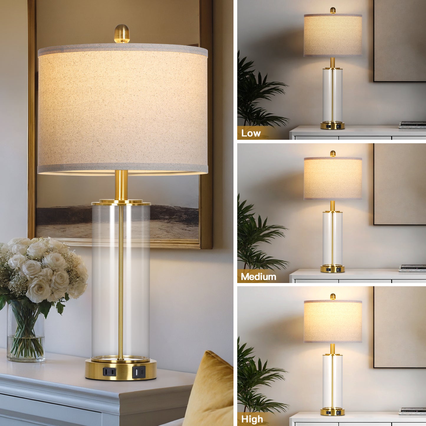 Modern Touch Table Lamp Pair with USB/Type-C Charging, Linen Shade & Gold Accents – 26” Height, 3000K LED Bulb Included (Set of 2)