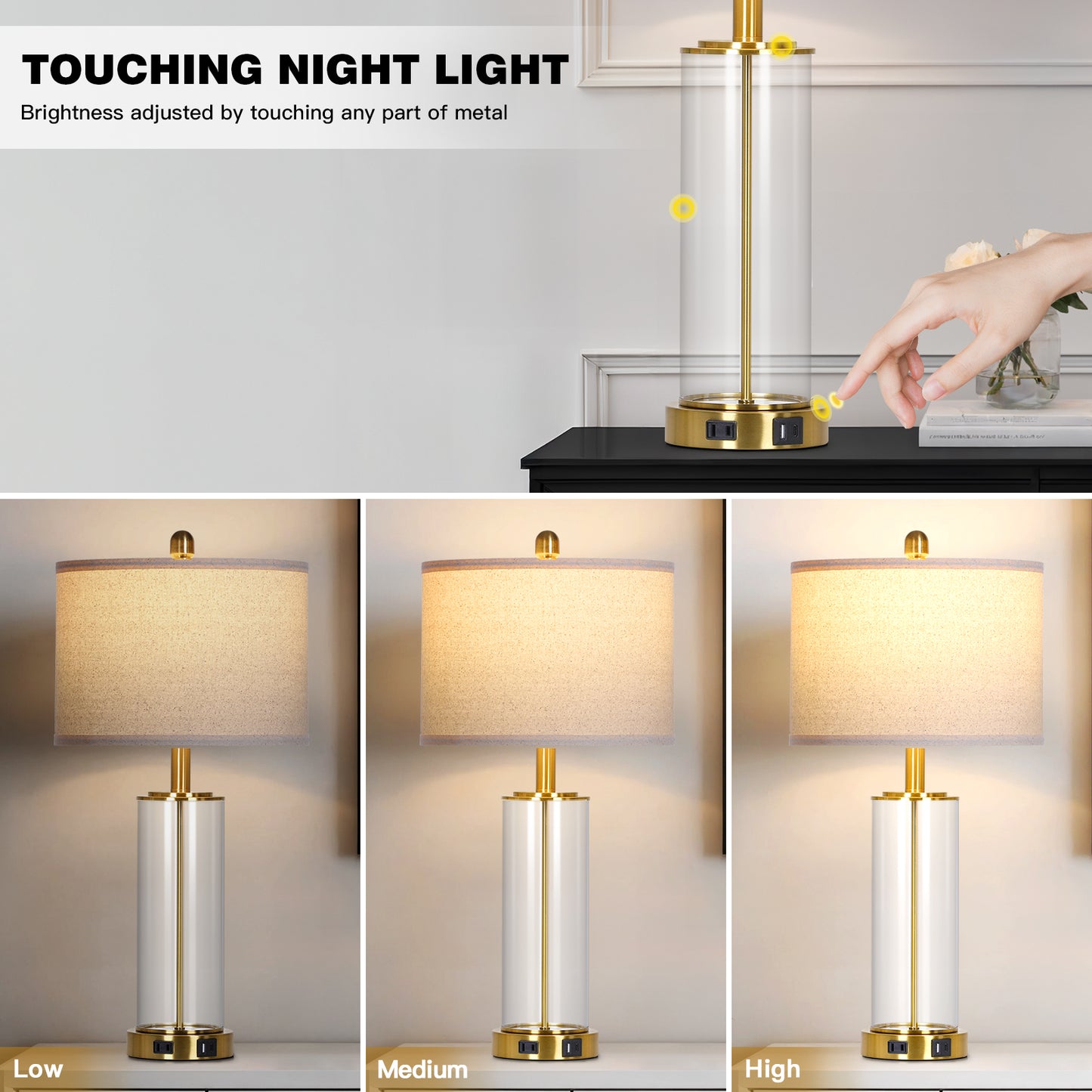Modern Touch Table Lamp Pair with USB/Type-C Charging, Linen Shade & Gold Accents – 26” Height, 3000K LED Bulb Included (Set of 2)