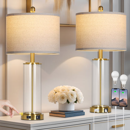 Modern Touch Table Lamp Pair with USB/Type-C Charging, Linen Shade & Gold Accents – 26” Height, 3000K LED Bulb Included (Set of 2)