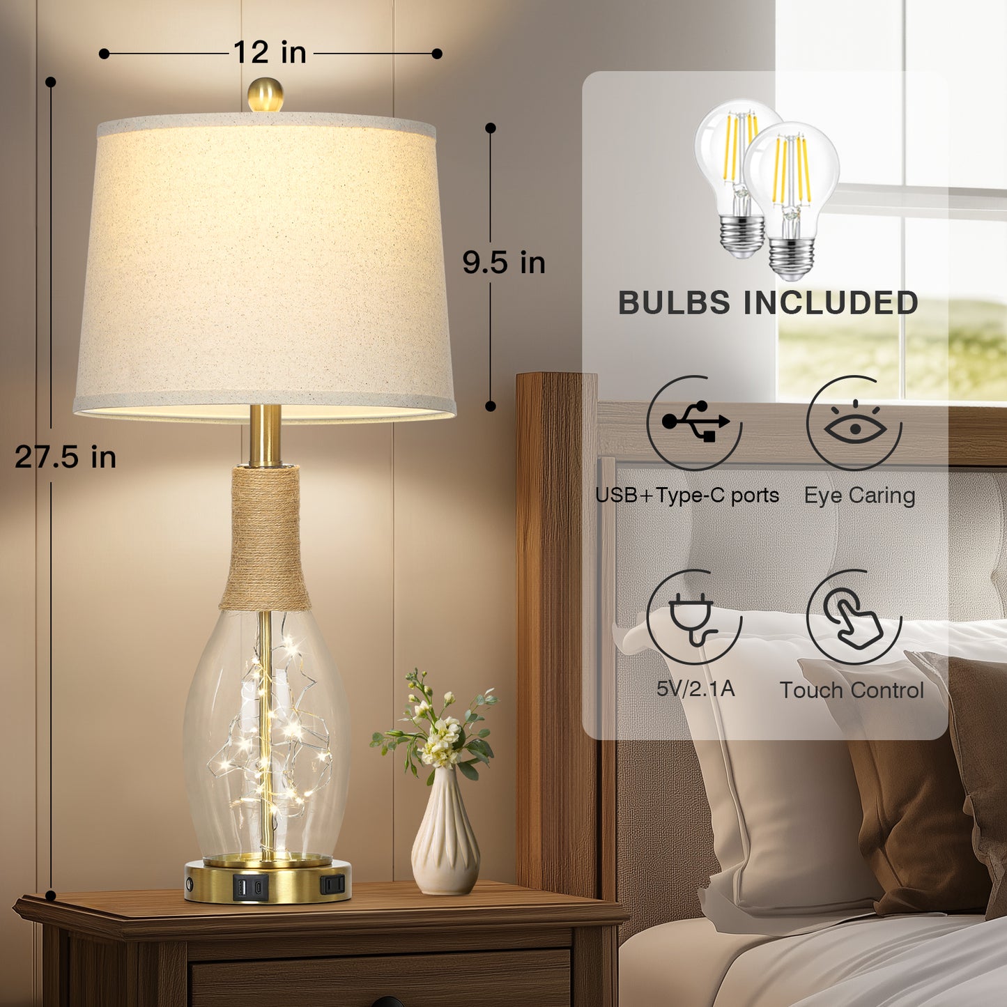 27.5" Industrial Table Lamp with USB-C Charging, Dual Lighting & Glass Lamp Body(Set of 2)