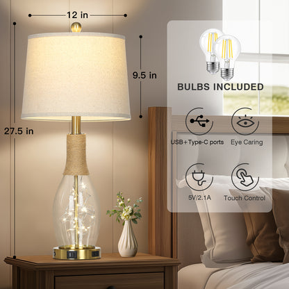 27.5" Industrial Table Lamp with USB-C Charging, Dual Lighting & Glass Lamp Body(Set of 2)