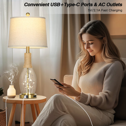 27.5" Industrial Table Lamp with USB-C Charging, Dual Lighting & Glass Lamp Body(Set of 2)