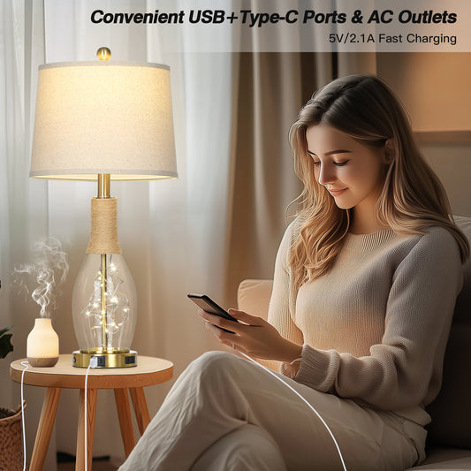 27.5" Industrial Table Lamp with USB-C Charging, Dual Lighting & Glass Lamp Body(Set of 2)