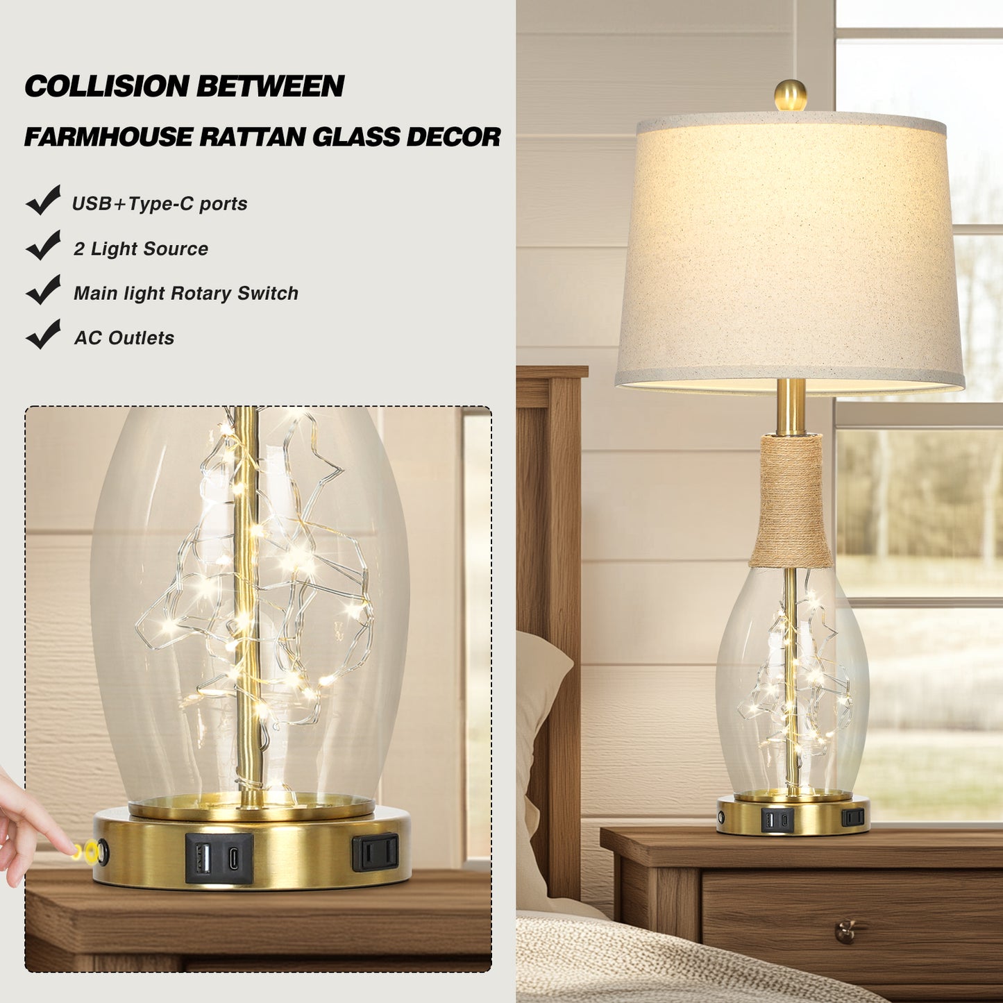 27.5" Industrial Table Lamp with USB-C Charging, Dual Lighting & Glass Lamp Body(Set of 2)