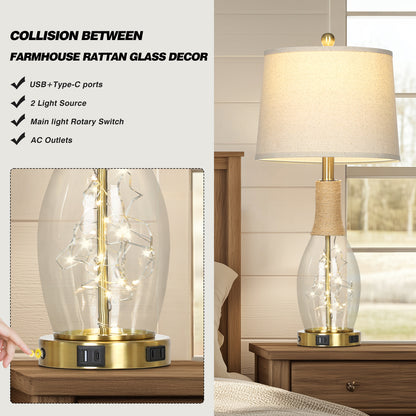 27.5" Industrial Table Lamp with USB-C Charging, Dual Lighting & Glass Lamp Body(Set of 2)