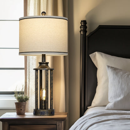 Industrial Dual Lighting Table Lamp with USB-C & AC Outlets, Vintage Metal Cage Design(Set of 2)