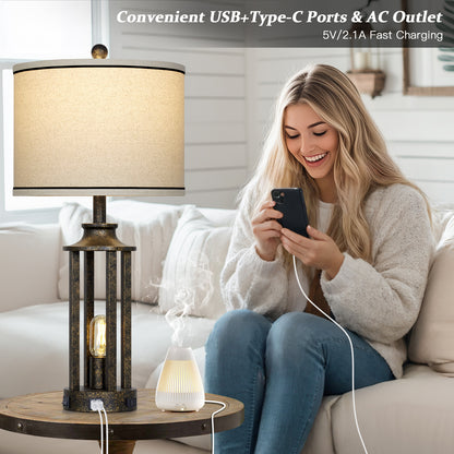 Industrial Dual Lighting Table Lamp with USB-C & AC Outlets, Vintage Metal Cage Design(Set of 2)