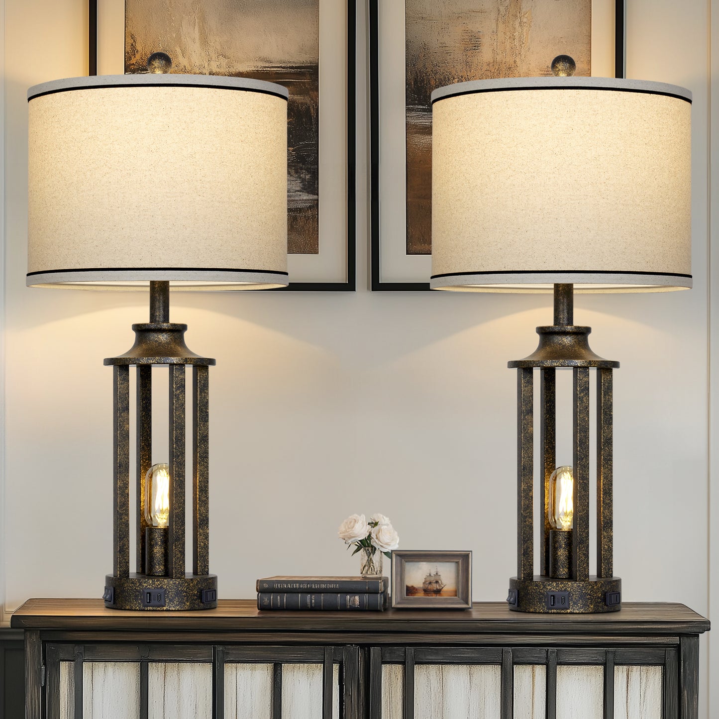 Industrial Dual Lighting Table Lamp with USB-C & AC Outlets, Vintage Metal Cage Design(Set of 2)