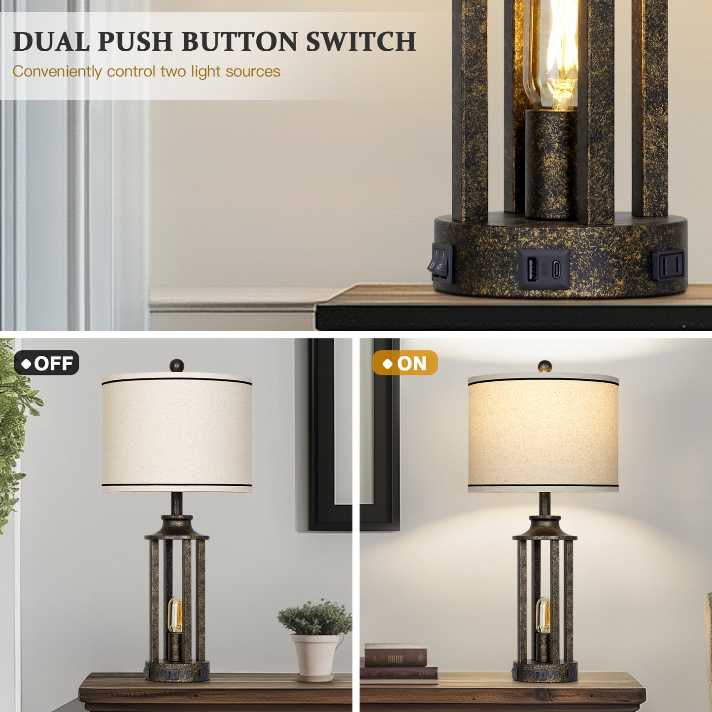 Industrial Dual Lighting Table Lamp with USB-C & AC Outlets, Vintage Metal Cage Design(Set of 2)