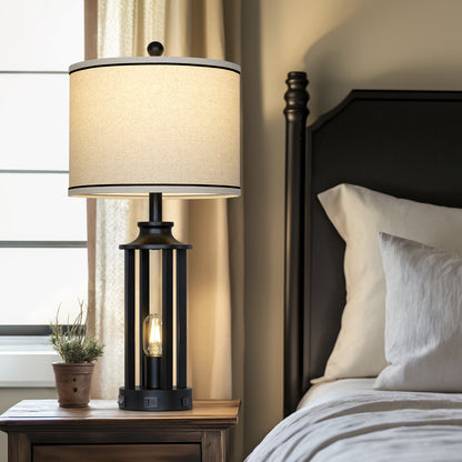 Industrial Farmhouse Table Lamp with Dual Lighting & USB/Type-C Charging Ports(Set of 2)
