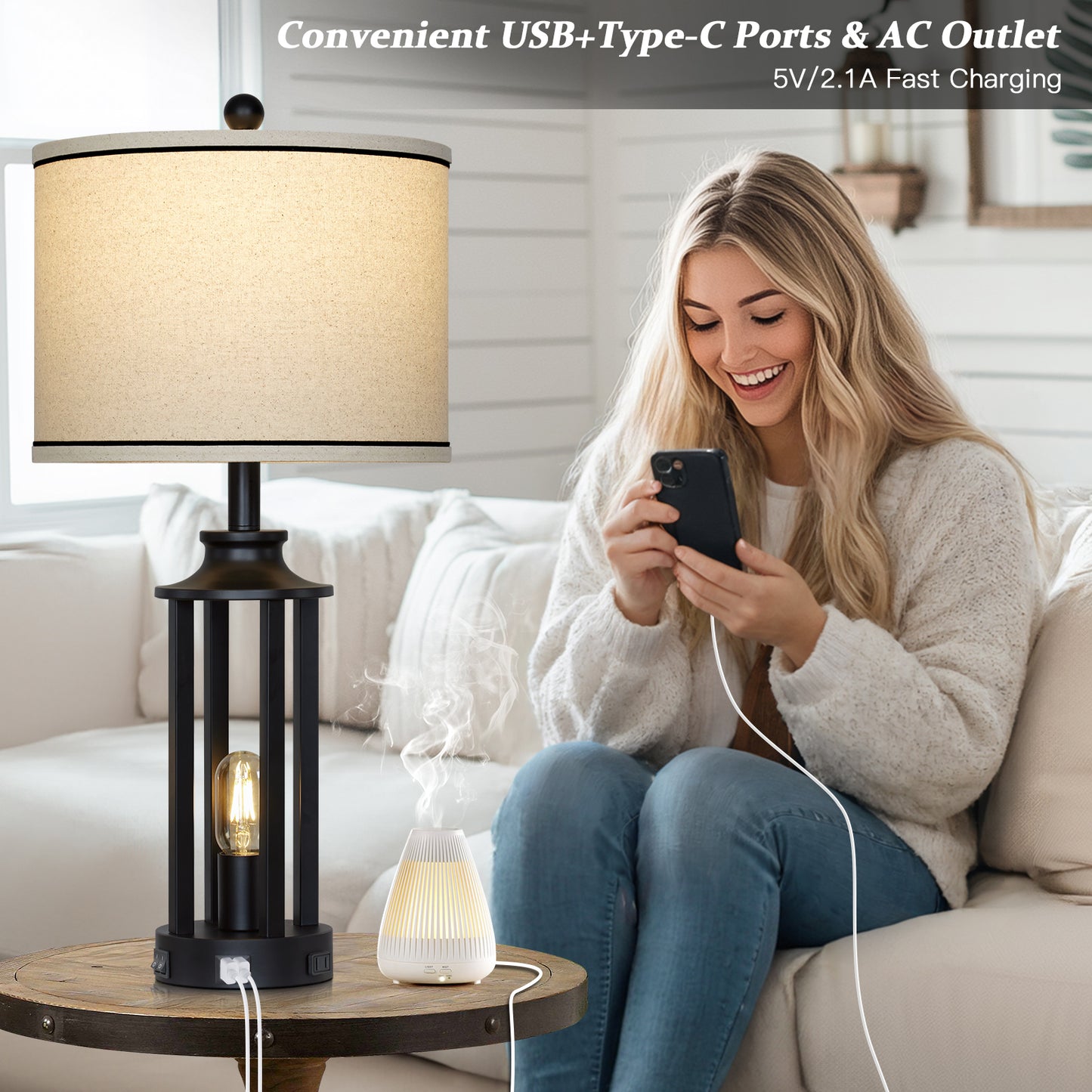 Industrial Farmhouse Table Lamp with Dual Lighting & USB/Type-C Charging Ports(Set of 2)