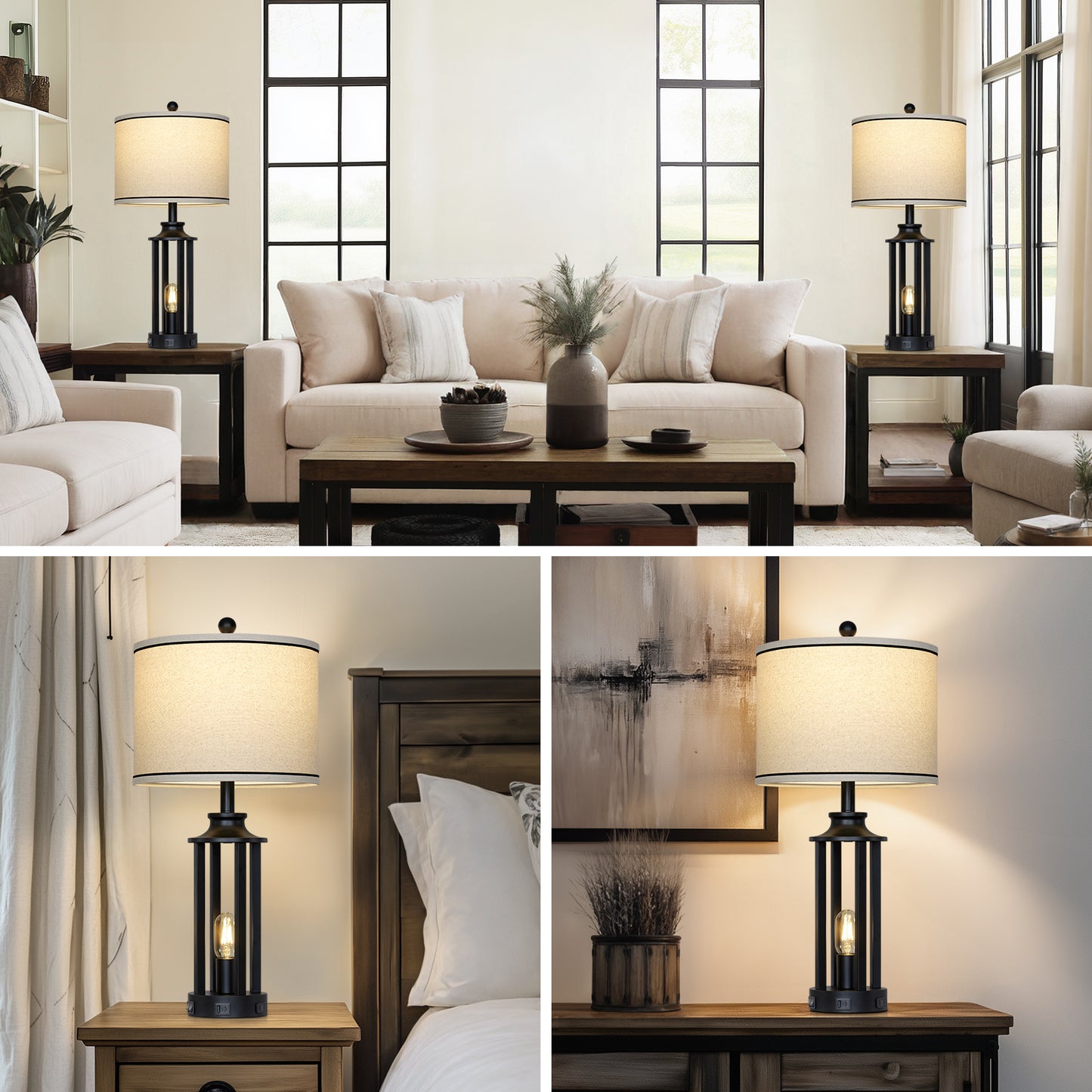 Industrial Farmhouse Table Lamp with Dual Lighting & USB/Type-C Charging Ports(Set of 2)