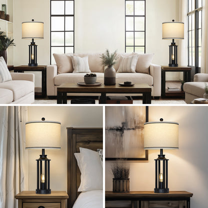 Industrial Farmhouse Table Lamp with Dual Lighting & USB/Type-C Charging Ports(Set of 2)