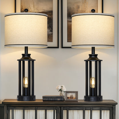 Industrial Farmhouse Table Lamp with Dual Lighting & USB/Type-C Charging Ports(Set of 2)