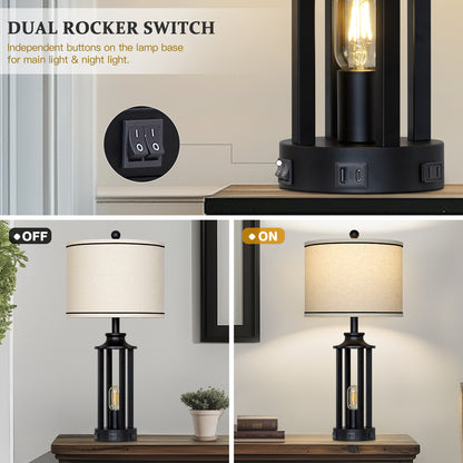 Industrial Farmhouse Table Lamp with Dual Lighting & USB/Type-C Charging Ports(Set of 2)