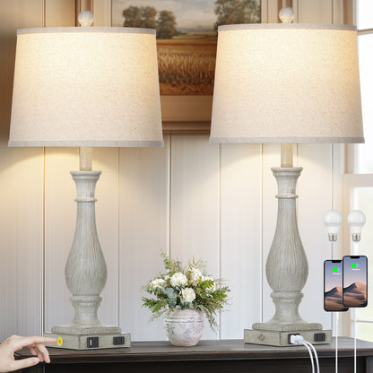 27.5'' Grey Resin Rustic Wood Style Table Lamp with USB-C & AC Outlet - Adjustable Dimmable LED Light (Set of 2)