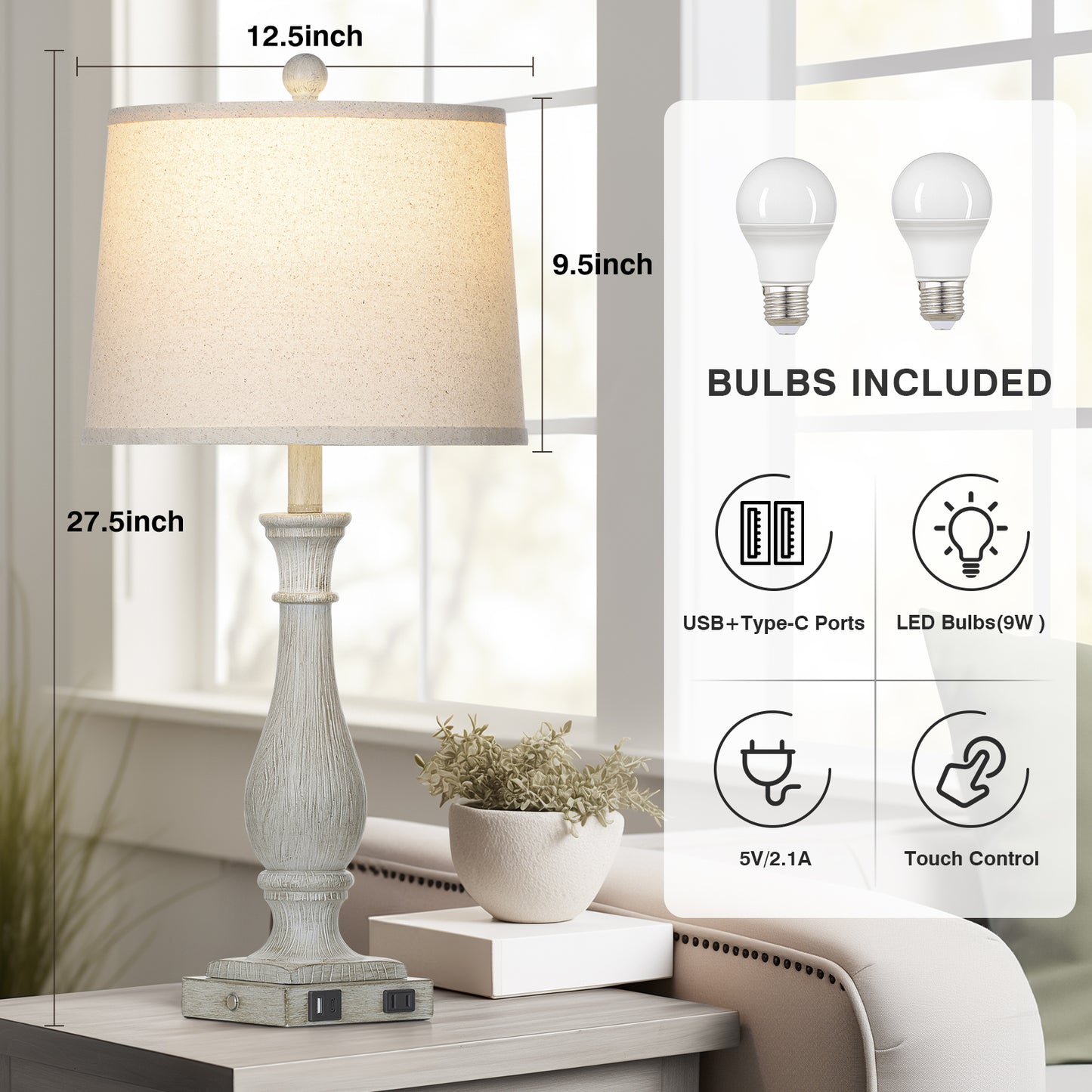 27.5'' Grey Resin Rustic Wood Style Table Lamp with USB-C & AC Outlet - Adjustable Dimmable LED Light (Set of 2)