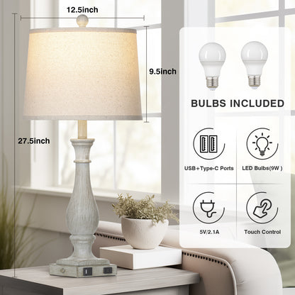27.5'' Grey Resin Rustic Wood Style Table Lamp with USB-C & AC Outlet - Adjustable Dimmable LED Light (Set of 2)