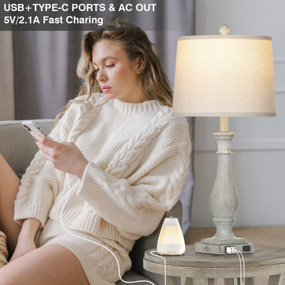 27.5'' Grey Resin Rustic Wood Style Table Lamp with USB-C & AC Outlet - Adjustable Dimmable LED Light (Set of 2)
