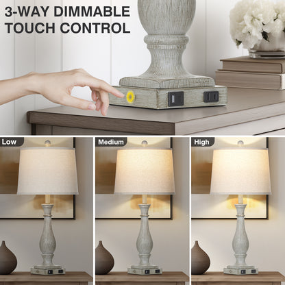 27.5'' Grey Resin Rustic Wood Style Table Lamp with USB-C & AC Outlet - Adjustable Dimmable LED Light (Set of 2)