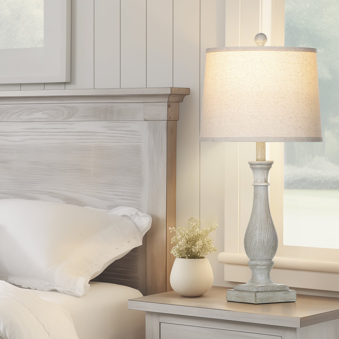 27.5'' Grey Resin Rustic Wood Style Table Lamp with USB-C & AC Outlet - Adjustable Dimmable LED Light (Set of 2)