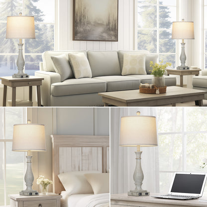 27.5'' Grey Resin Rustic Wood Style Table Lamp with USB-C & AC Outlet - Adjustable Dimmable LED Light (Set of 2)