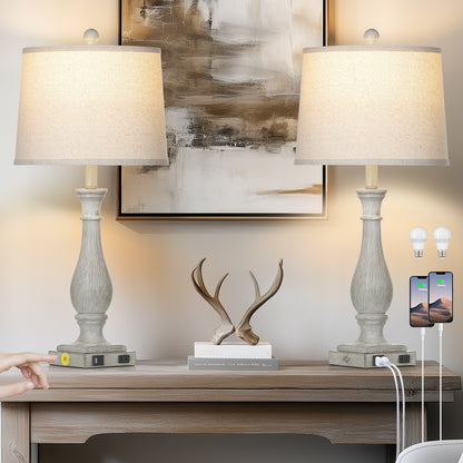 27.5'' Grey Resin Rustic Wood Style Table Lamp with USB-C & AC Outlet - Adjustable Dimmable LED Light (Set of 2)