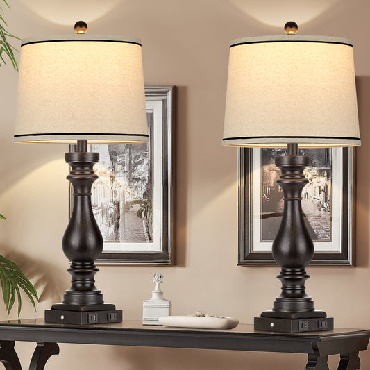 Elegant Vintage Table Lamp with USB & Type-C Ports, 3-Way Dimmable, for Bedroom & Living Room(Set of 2)