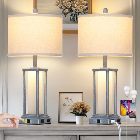Vintage Industrial Table Lamp with USB & Type-C Ports, Dual Lighting & Smart Charging, 27-inch Height, E26 Bulb Included (Set of 2)