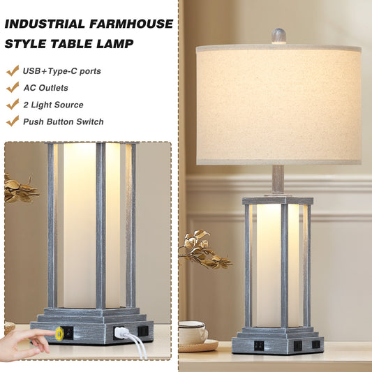 Vintage Industrial Table Lamp with USB & Type-C Ports, Dual Lighting & Smart Charging, 27-inch Height, E26 Bulb Included (Set of 2)