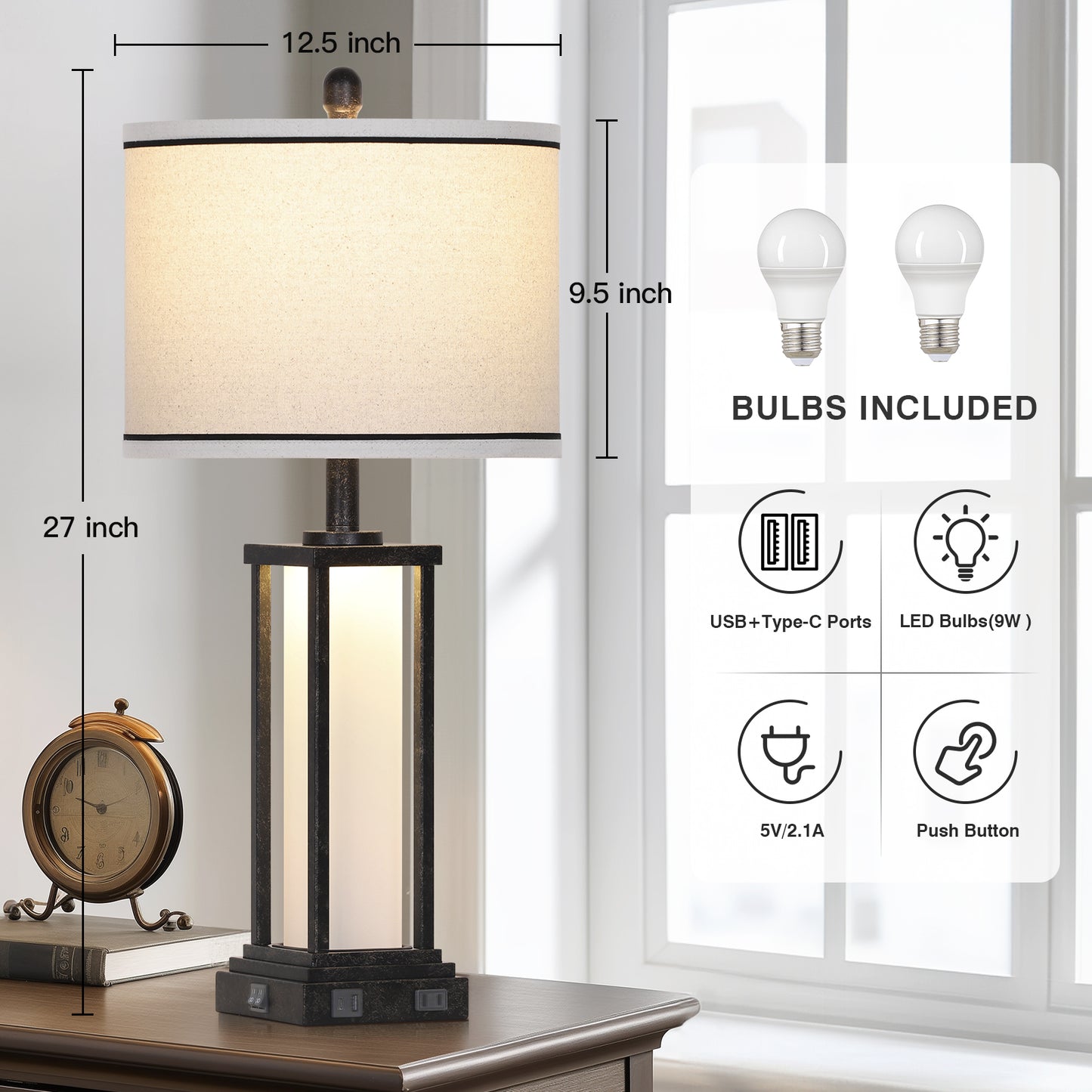 Modern Table Lamps with USB-C & USB Ports, AC Outlet, and Dual Lighting (Set of 2)