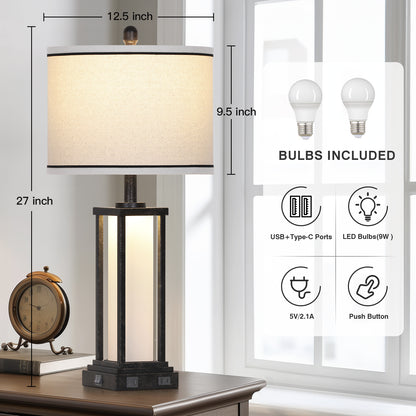 Modern Table Lamps with USB-C & USB Ports, AC Outlet, and Dual Lighting (Set of 2)