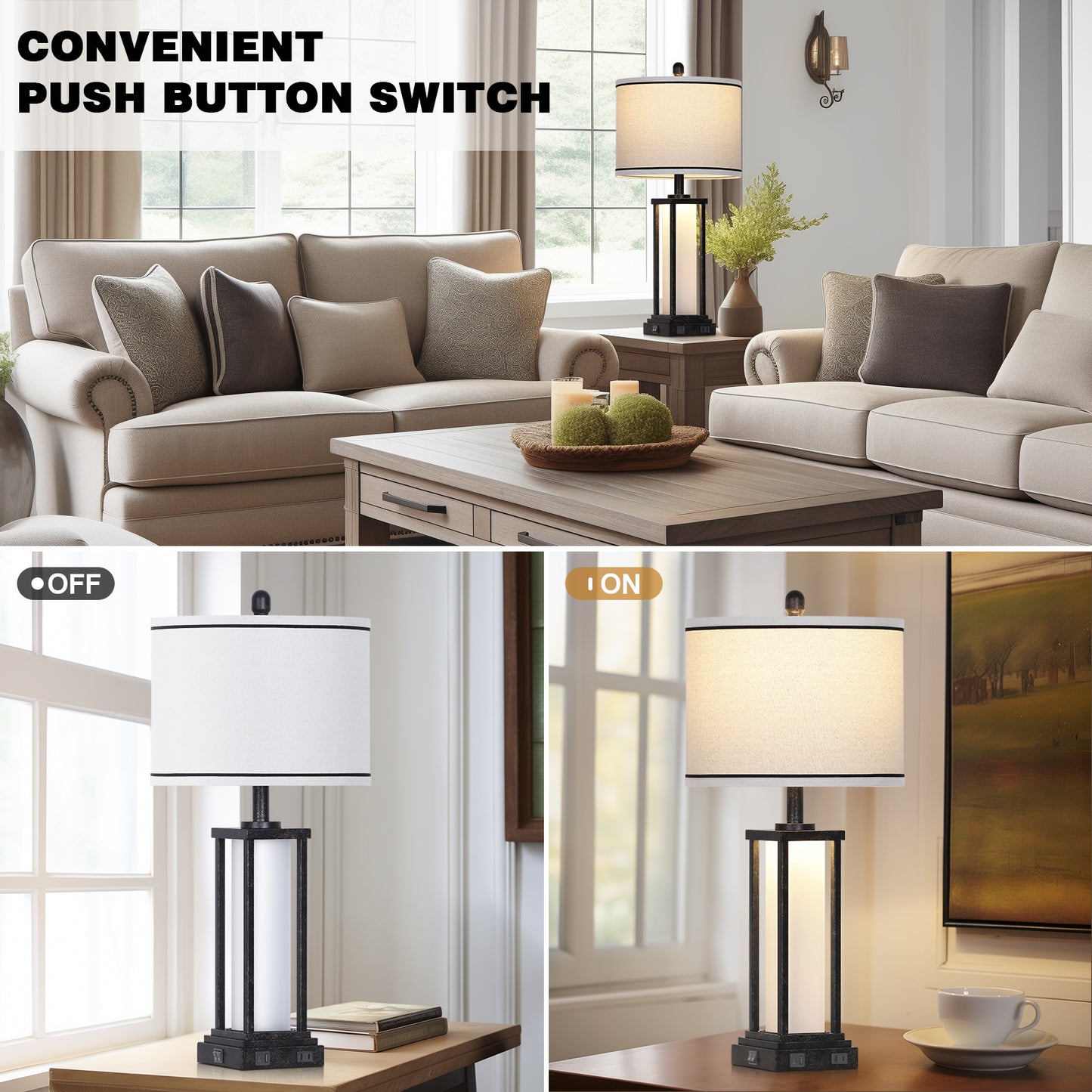 Modern Table Lamps with USB-C & USB Ports, AC Outlet, and Dual Lighting (Set of 2)