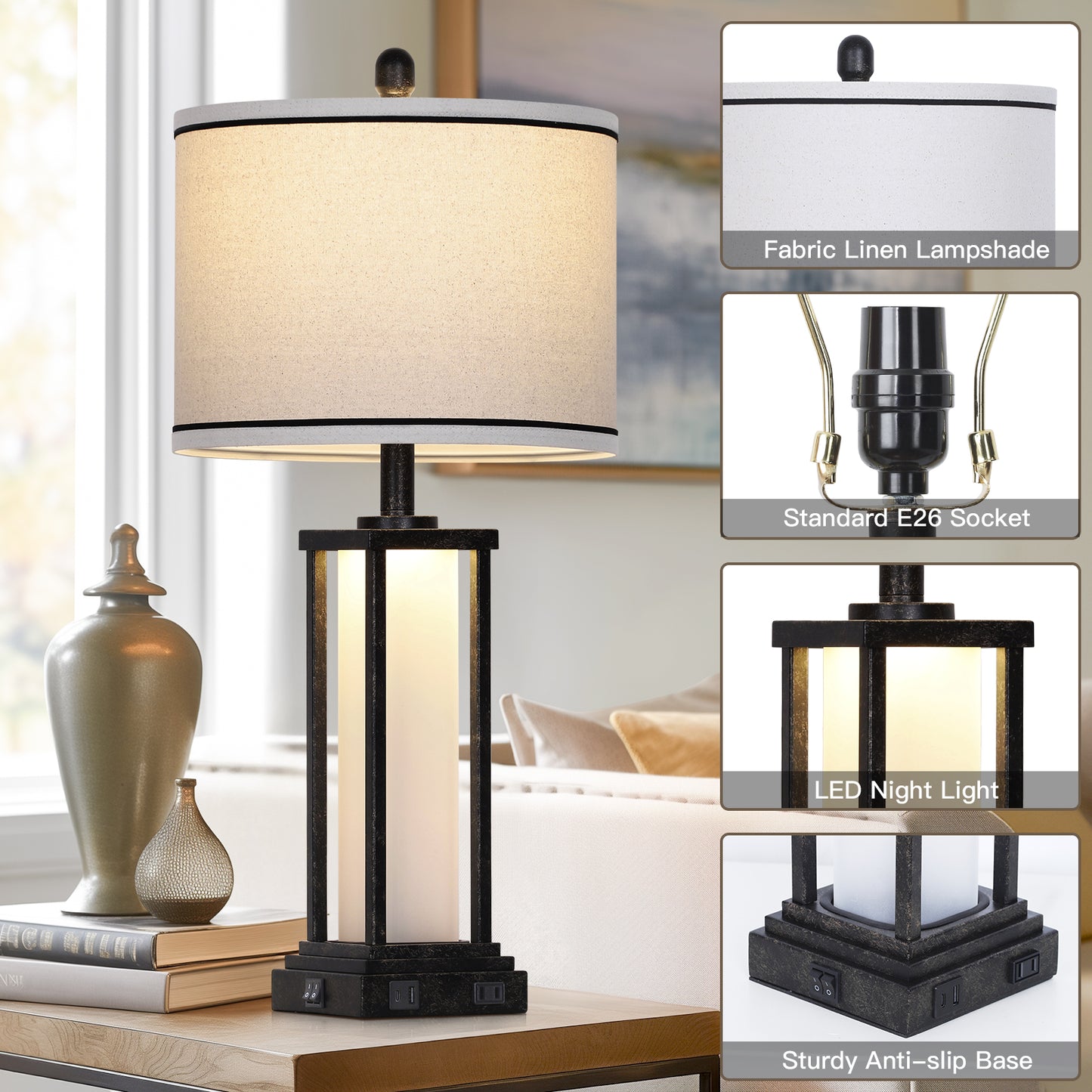 Modern Table Lamps with USB-C & USB Ports, AC Outlet, and Dual Lighting (Set of 2)