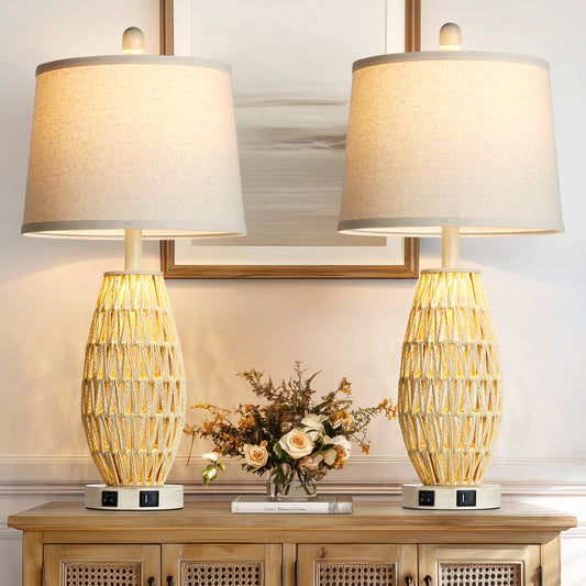 27'' Bedside Rattan Woven Table Lamp Set with USB/Type-C, Dual Switch, Linen Shade & LED Bulbs(Set of 2)