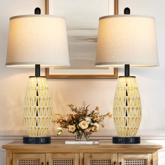 27” Rattan Woven Table Lamp Pair with Linen Shade, 2 Lighting Modes (Main + Night), USB/Type-C Ports, E26 LED Bulbs Included, Boho Coastal Style(Set of 2)