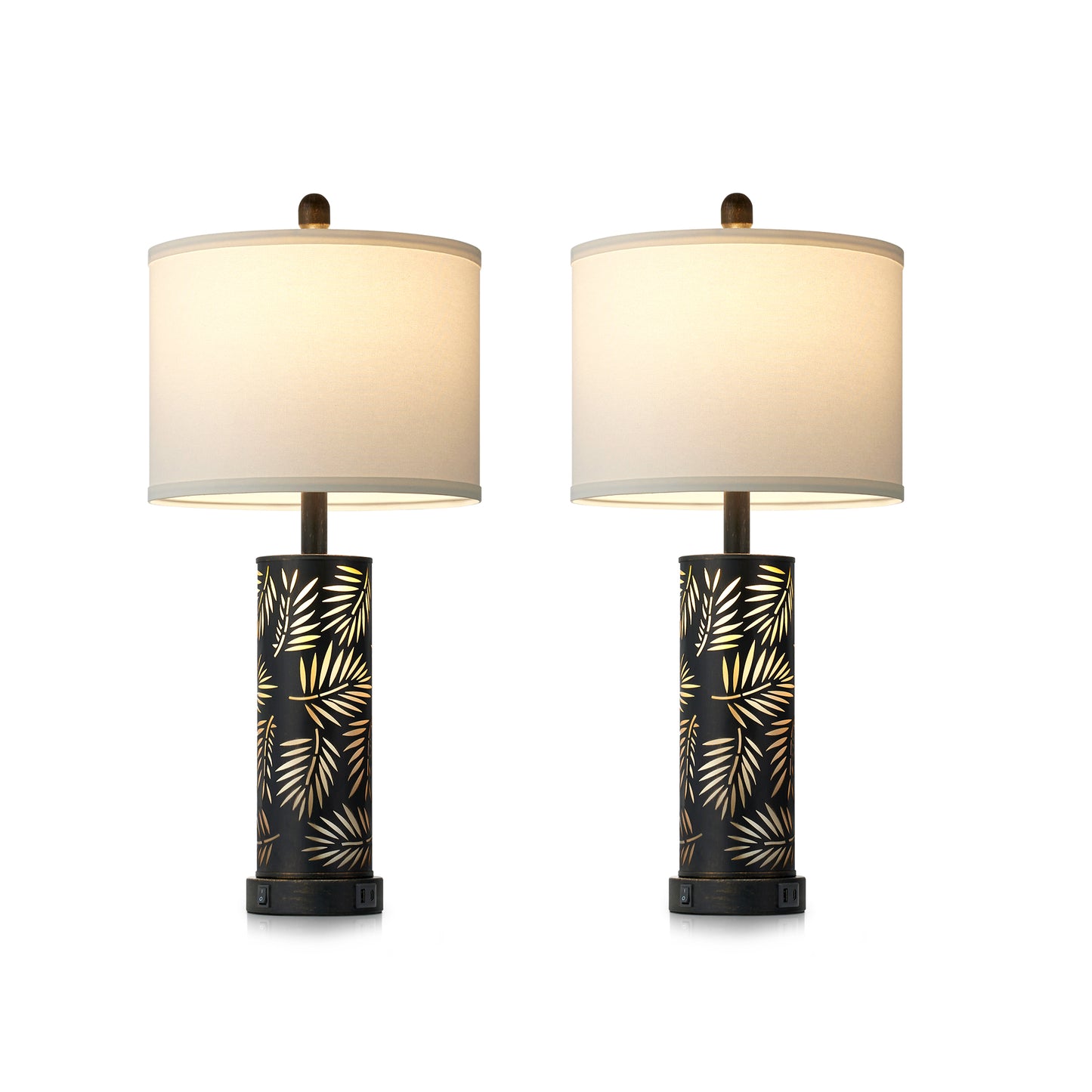 27'' Metal Table Lamp Pair – Black & Gold Palm Leaf Design, Linen Shade, USB/Type-C, Night Light (Set of 2)
