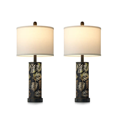 27'' Metal Table Lamp Pair – Black & Gold Palm Leaf Design, Linen Shade, USB/Type-C, Night Light (Set of 2)