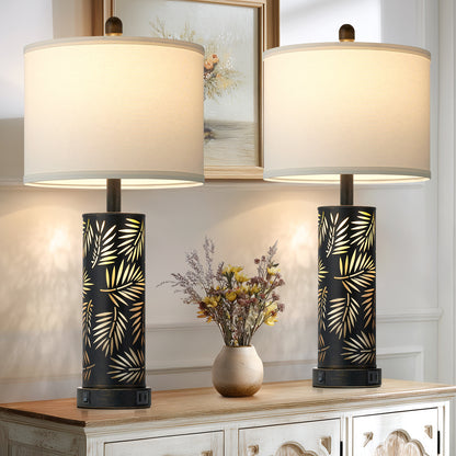 27'' Metal Table Lamp Pair – Black & Gold Palm Leaf Design, Linen Shade, USB/Type-C, Night Light (Set of 2)