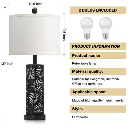 27'' Metal Table Lamp Pair – Black & Gold Palm Leaf Design, Linen Shade, USB/Type-C, Night Light (Set of 2)