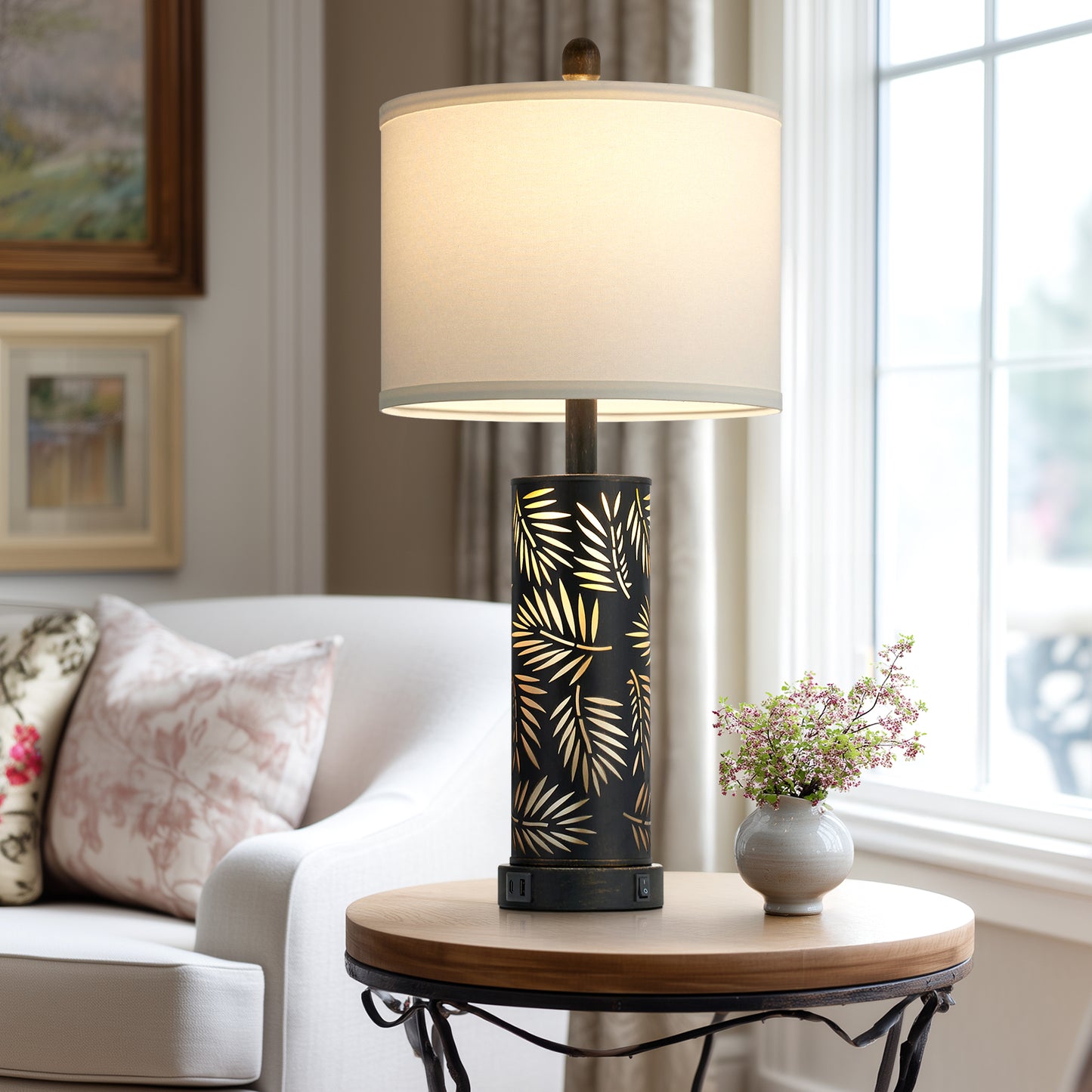 27'' Metal Table Lamp Pair – Black & Gold Palm Leaf Design, Linen Shade, USB/Type-C, Night Light (Set of 2)