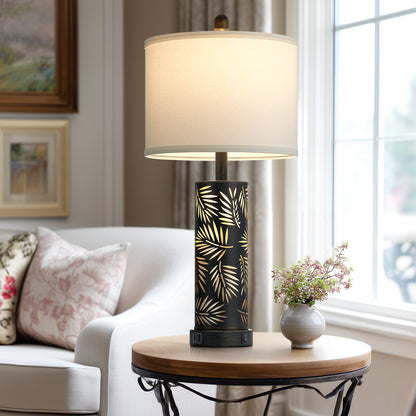 27'' Metal Table Lamp Pair – Black & Gold Palm Leaf Design, Linen Shade, USB/Type-C, Night Light (Set of 2)