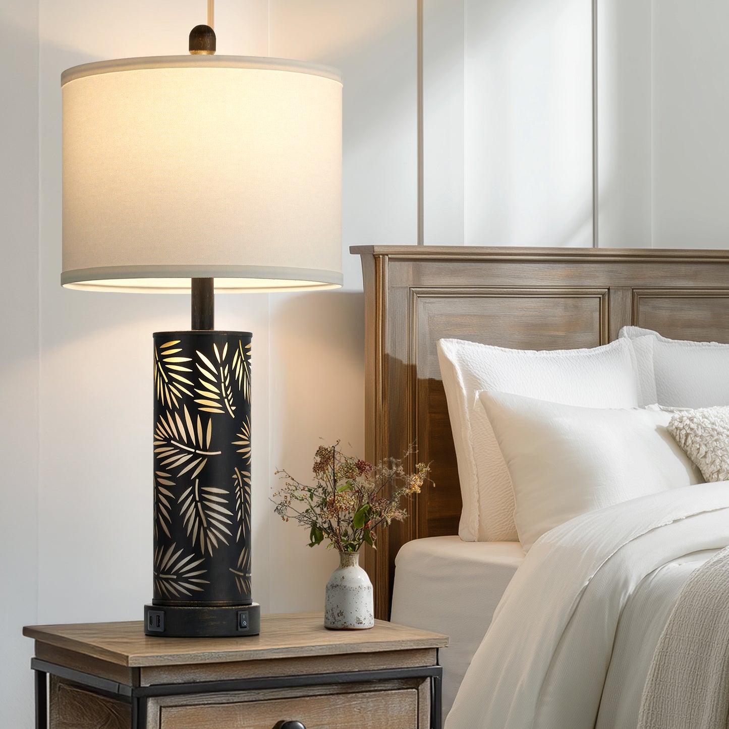 27'' Metal Table Lamp Pair – Black & Gold Palm Leaf Design, Linen Shade, USB/Type-C, Night Light (Set of 2)