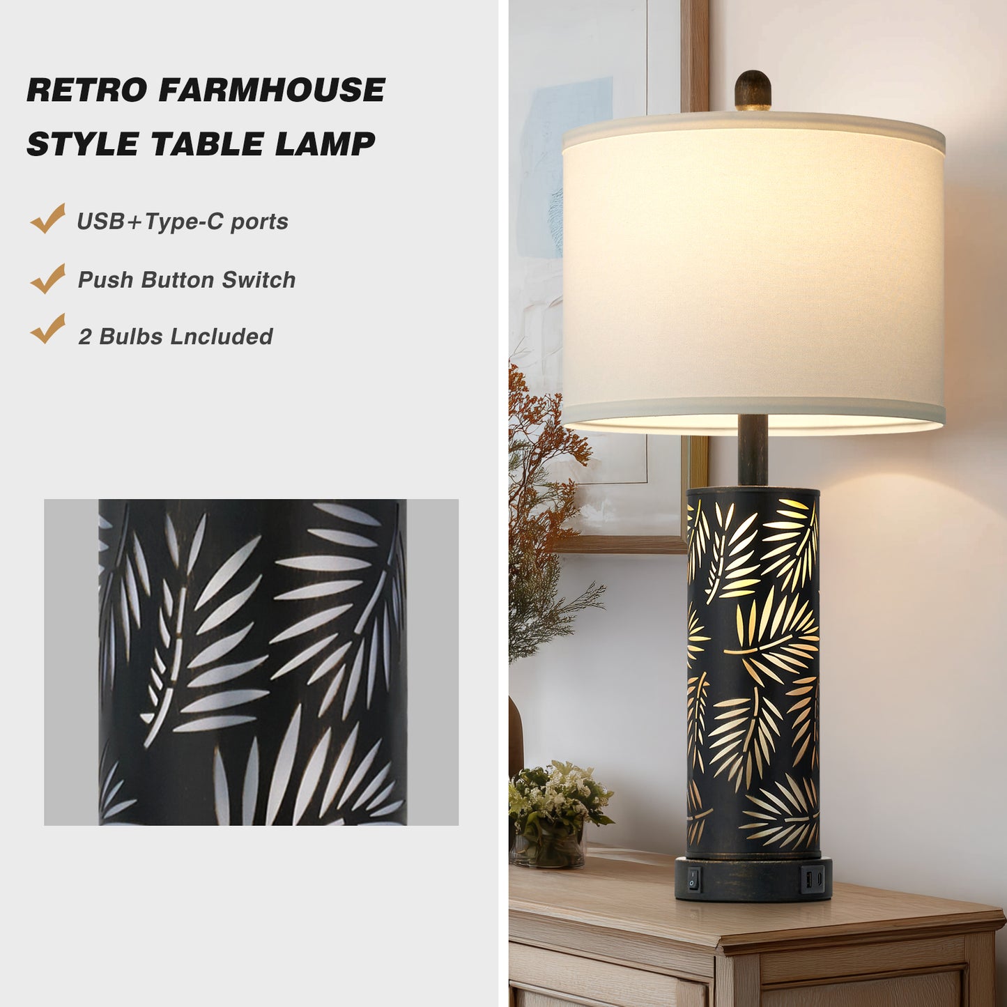 27'' Metal Table Lamp Pair – Black & Gold Palm Leaf Design, Linen Shade, USB/Type-C, Night Light (Set of 2)